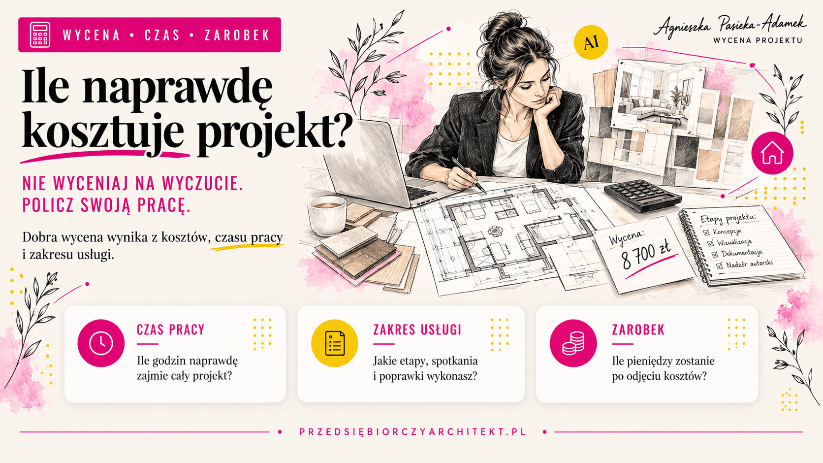 Wycena projektu wnętrz a czas pracy, koszty i rzeczywisty zarobek projektantki.